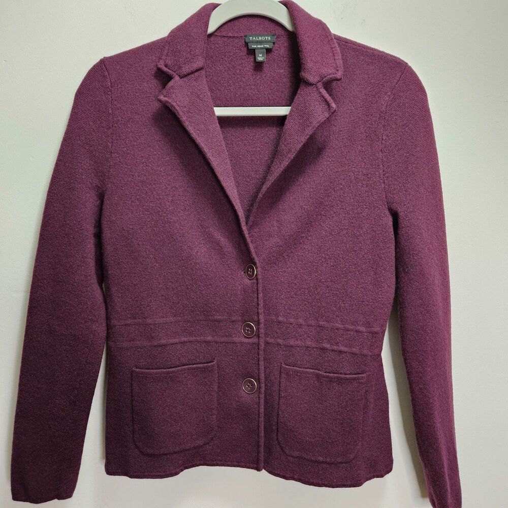Talbots Women's 100% Merino Wool Sweater Jacket M Long Sleeves Collar Buttons